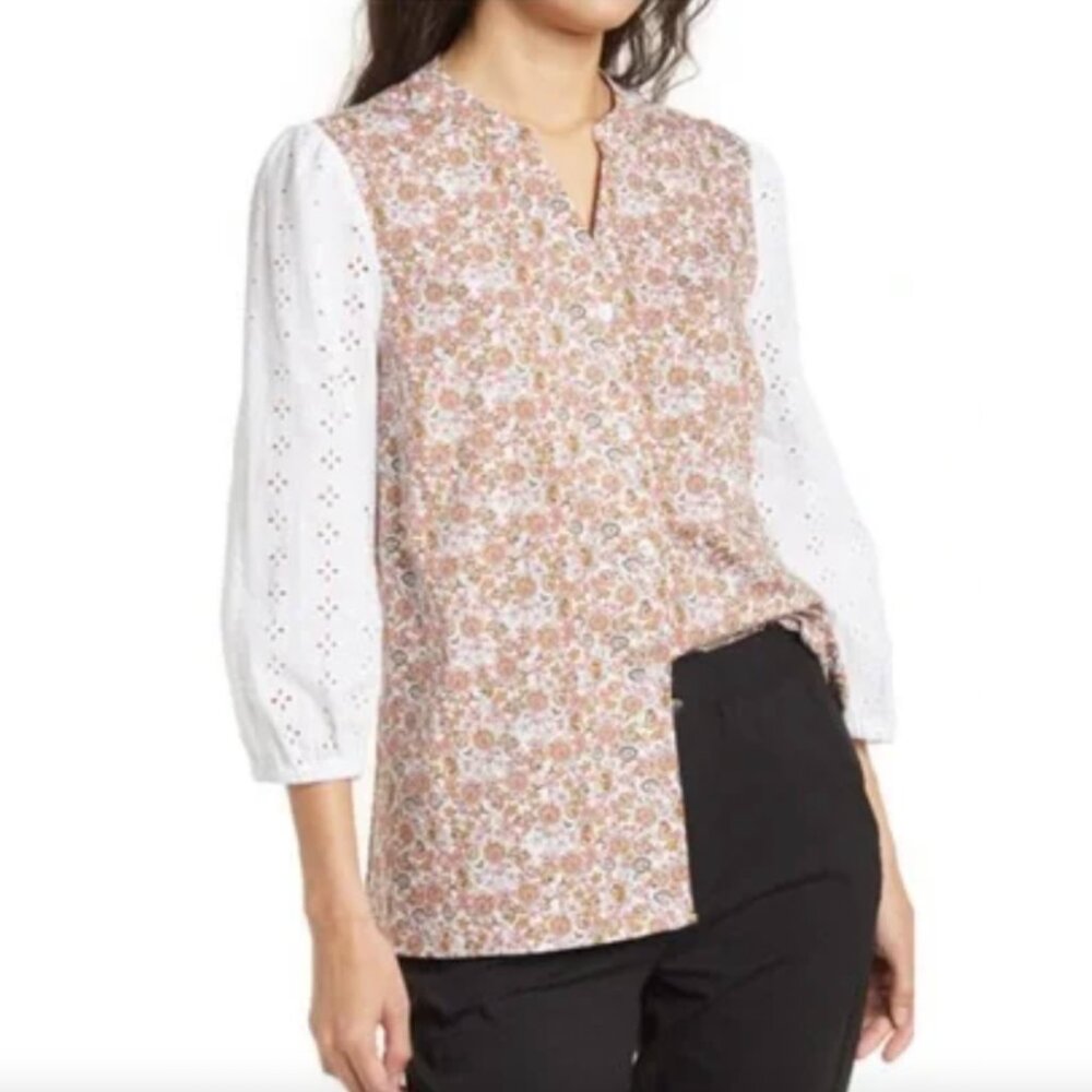 H by HALSTON Size Medium Eyelet 3/4 Sleeve Blouse In Vintage Floral Pink
